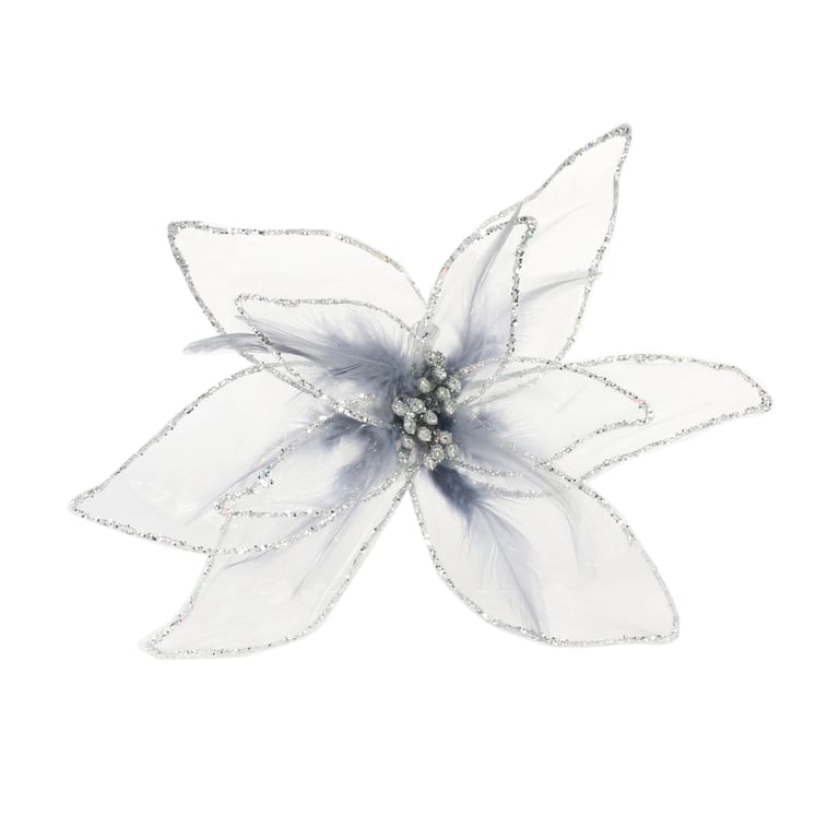 Silver Poinsettia Organza Decor Clip-On Ornament for Home Christmas Decoration