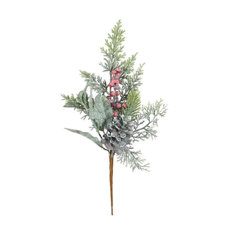 Frosted Foliage & Red Berries Pick - Winter Wonderland Garden Ornament and Home Decor Decoration