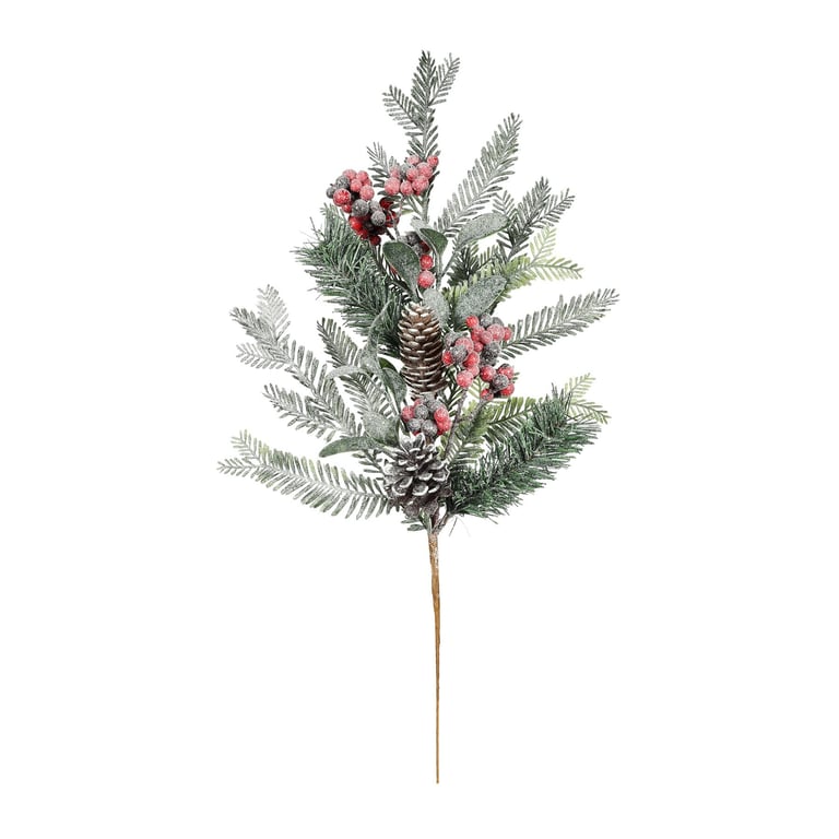 Frosted Christmas Foliage & Red Berry Pick - Winter Wonderland Home Decoration (H50cm)