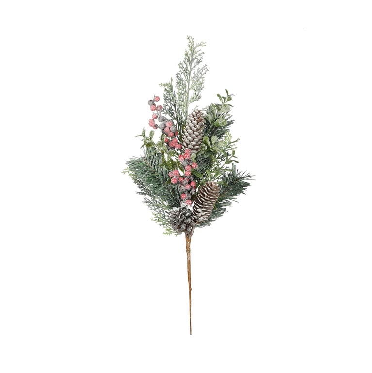 Frosted Christmas Foliage Cone & Red Berry Pick - Winter Holiday Decor Accent