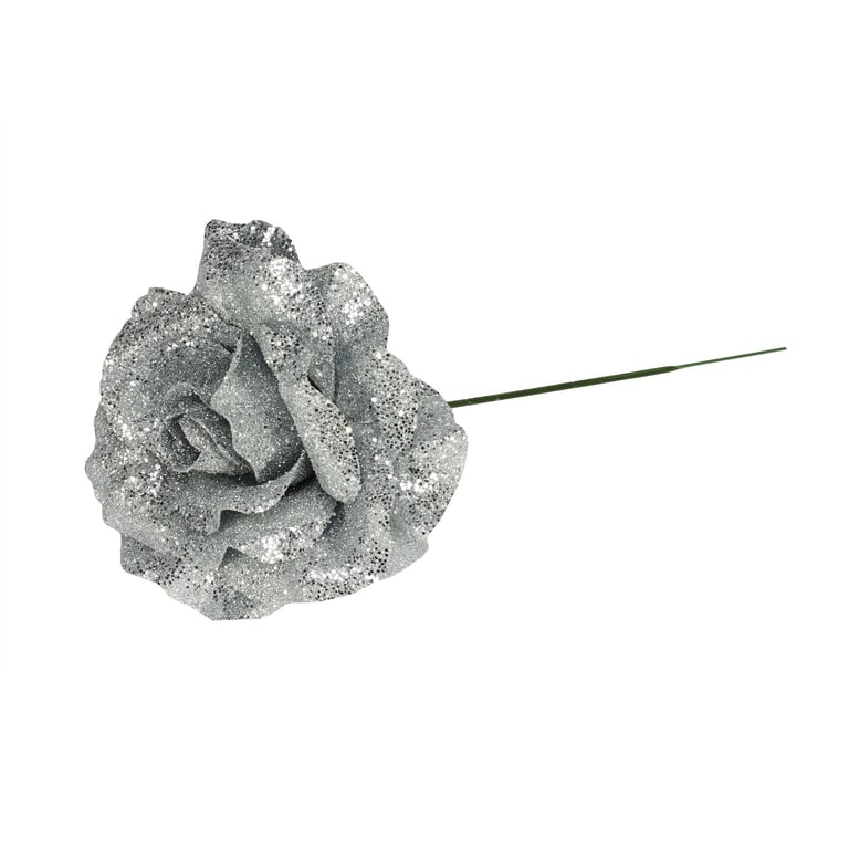 Silver Glitter Rose - 21cm Decorative Home Accent Garden Decoration