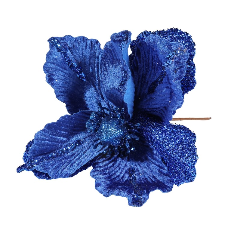 Royal Blue Velvet Magnolia Decor with Glitter Leaf Ornament, 26cm Diameter, Festive Home Dcor