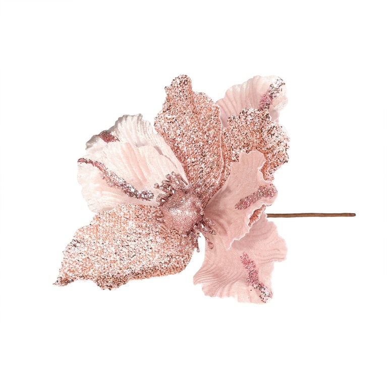 Pink Velvet Magnolia with Glitter Leaf Decoration - Home Decor Floral Wall Art