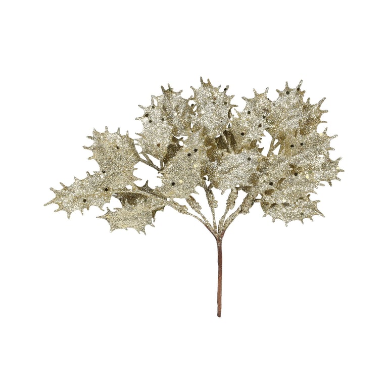 Gold Glitter Holly Pick - 20cm Christmas Decorations, Holiday Home Decoration