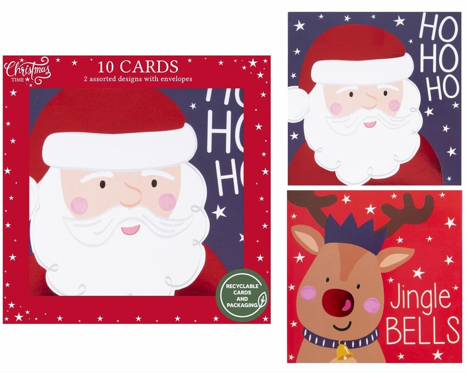 Santa Claus Cards Pack - Festive Holiday Greetings with Rudolf (Pack of 10)