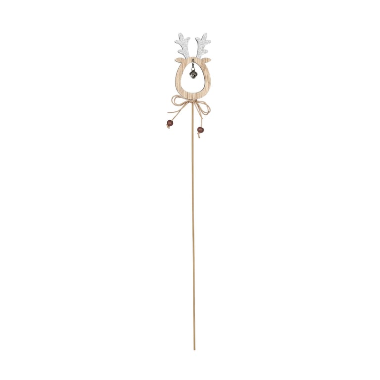 Silver Reindeer Wooden Pick with Bell - Holiday Home Decoration Christmas Ornament