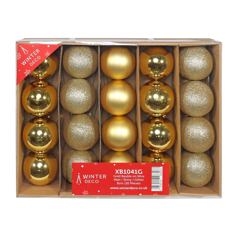 Gold Baubles on Wire - Set of 20 (Matt/Shiny/Glitter Finish)