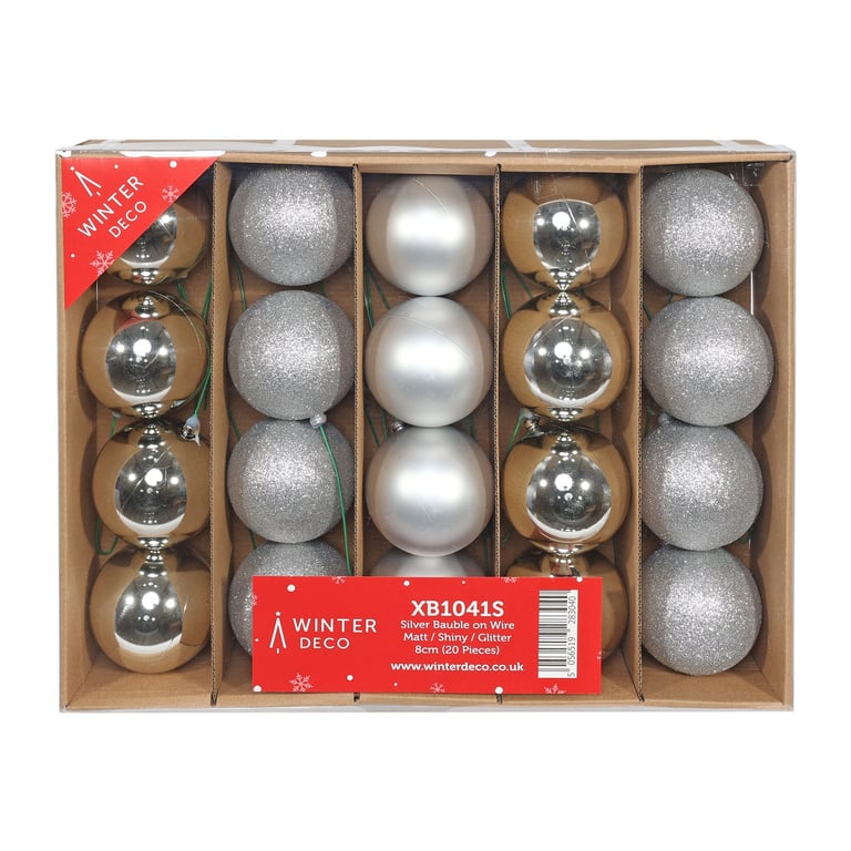Silver Baubles on Wire - Matt, Shiny & Glitter Finish (Pack of 20)