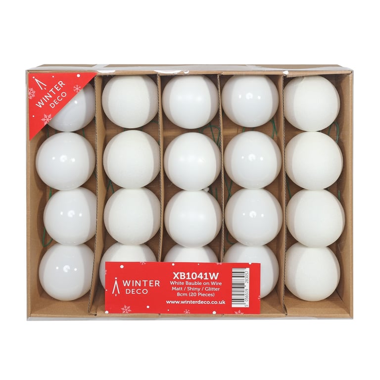 White Baubles on Wire - Pack of 20 (Matt/Shiny/Glitter Options) Home Decor Ornaments