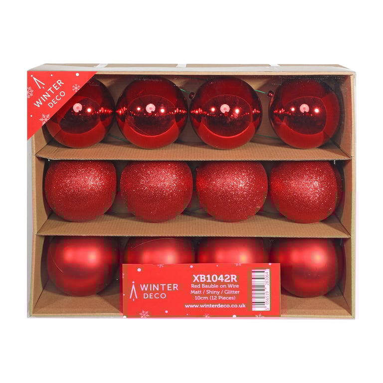 Red Baubles - Pack of 12 Shiny & Matt Wire Ornaments with Glitter Finish for Home Decor