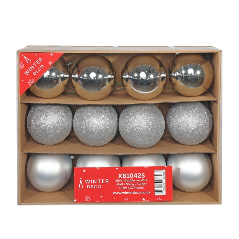Silver Baubles on Wire - Pack of 12 (Matt/Shiny/Glitter Options)