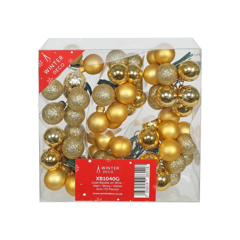 Gold Baubles on Wire - Pack of 72 (Matt/Shiny/Glitter Finish) - Home Decor & Party Supplies
