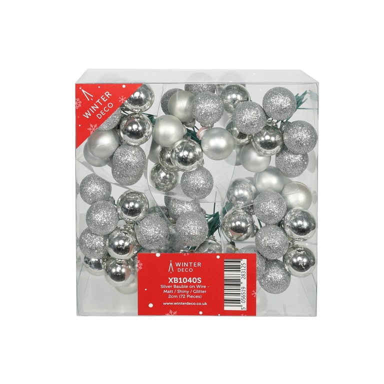 Silver Baubles - Pack of 72 (Matt/Shiny/Glitter) Decorative Home Accents on Wire Earrings