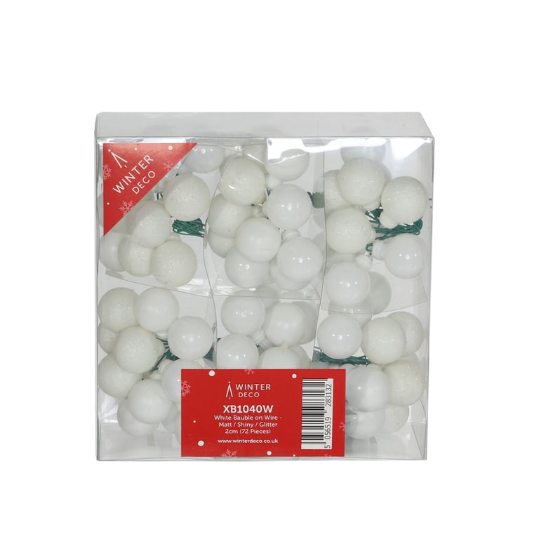 White Bauble on Wire - Pack of 72, Matt/Shiny/Glitter Home Decor Ornaments