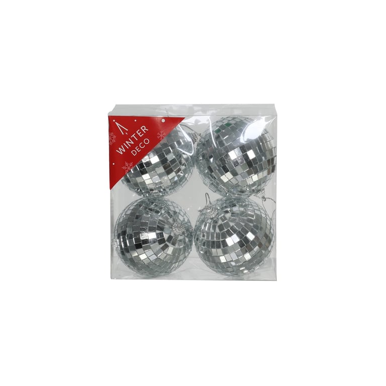 Silver Disco Bauble Pack of 4 - 10cm Home Decor Party Ornaments
