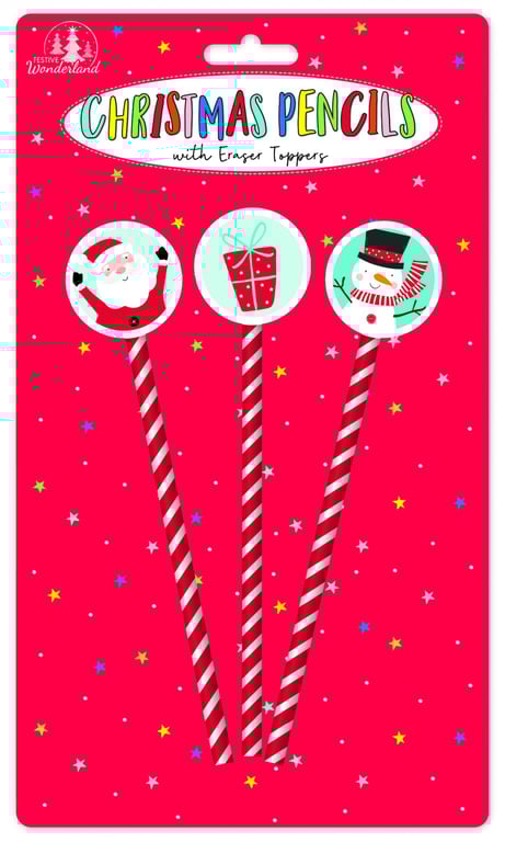 Christmas Pencils with Toppers - Pack of 3 Festive Holiday Stationery Items