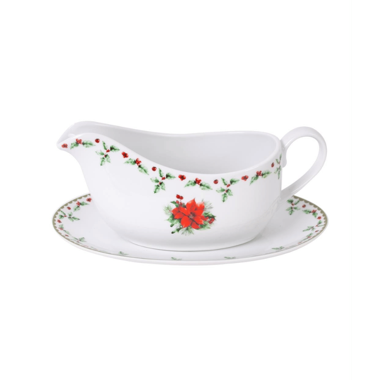 Christmas Holly China Gravy Boat - Festive Holiday Serving Dish with Decorative Holly Pattern