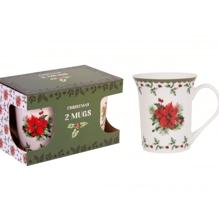 Christmas Holly China Mugs Set of 2 - Elegant Holiday Home Decor