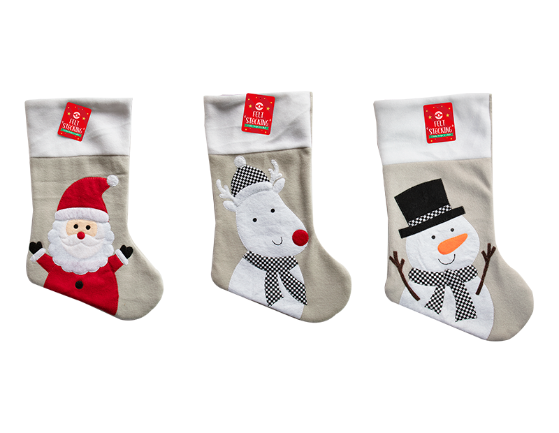 Grey Embroidered Felt Christmas Stocking - Wool Decorative Home Accent