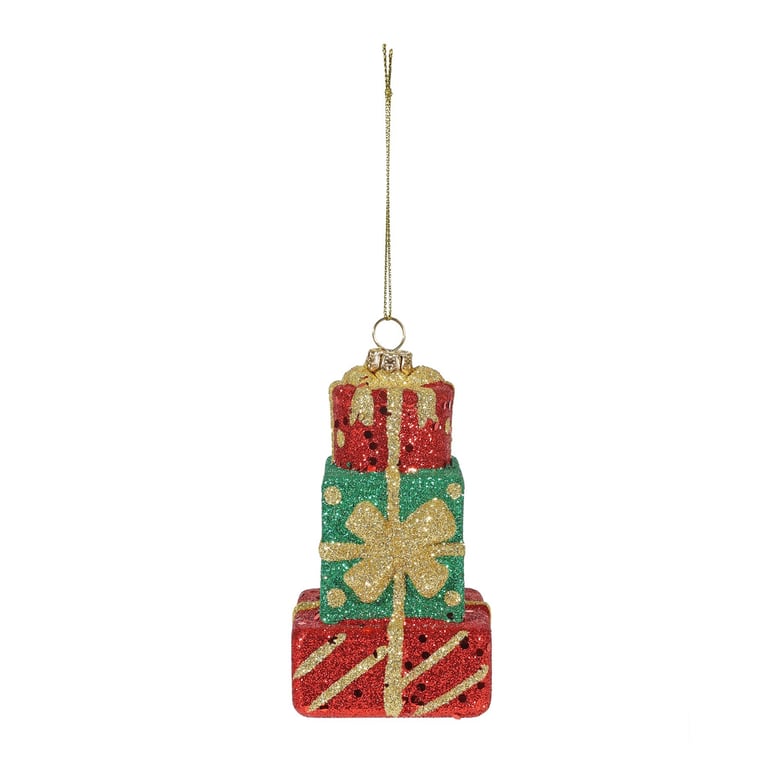 Red and Green Stacked Gifts Hanging Decoration - Festive Home Garden Decor, 11cm Holiday Ornament