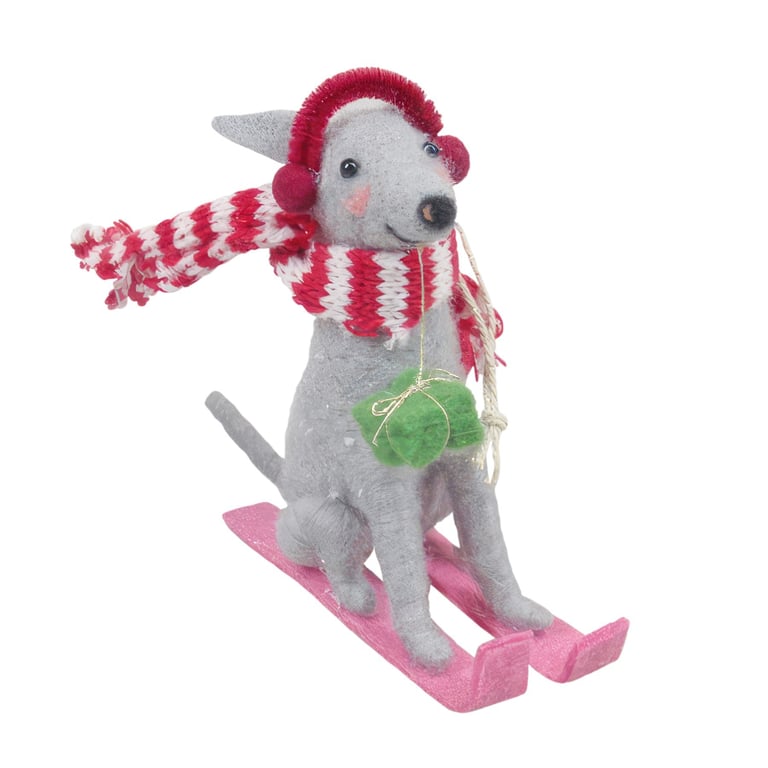 Felt Dog on Skis Hanging Decoration - 11cm Christmas Tree Ornament and Pet Accessory
