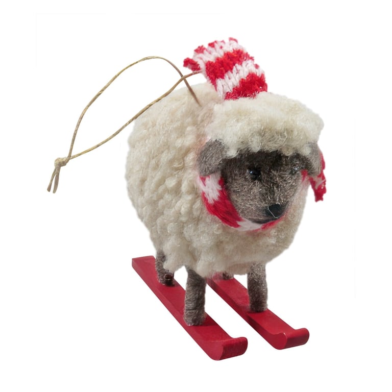 Felt Sheep on Skis Hanging Decoration - 9cm Ski Themed Winter Holiday Home Decor Ornament