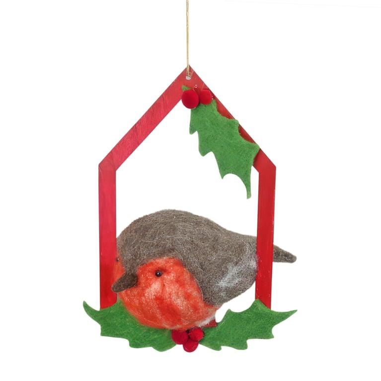 Felt Robin on a Perch Hanging Decoration - Home Decor Ornament for Christmas Season