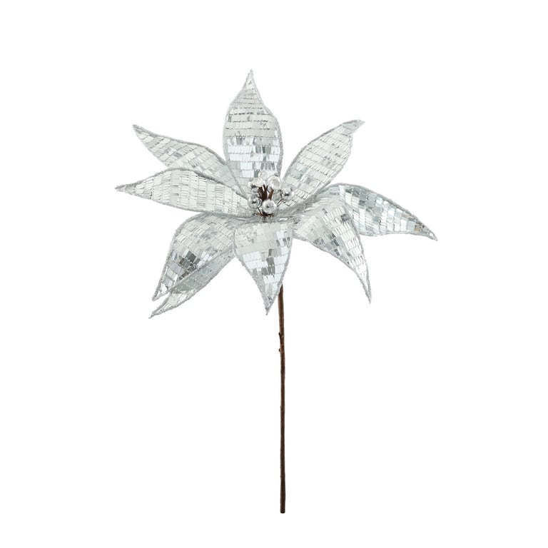 Silver Sequin Poinsettia Decor - 40cm Festive Home Accent Decoration