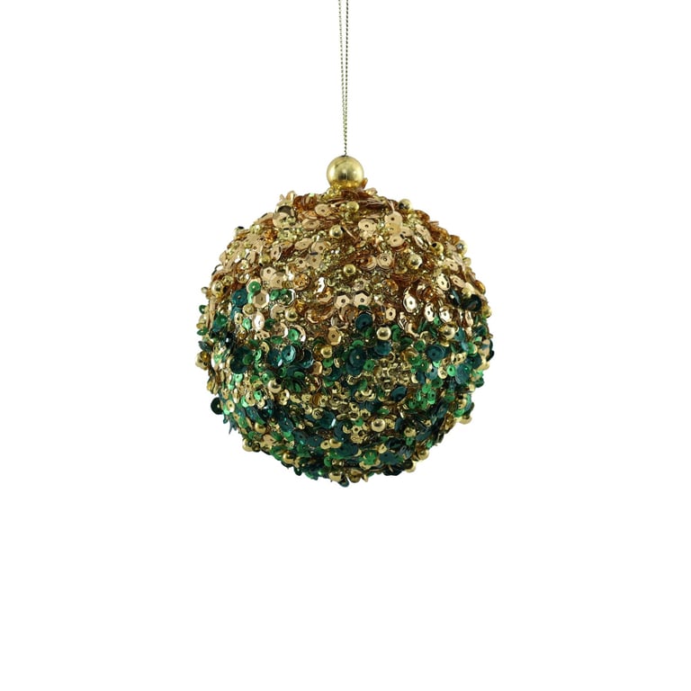 Gold & Green Bead Encrusted Bauble - Elegant Home Decor Holiday Ornament