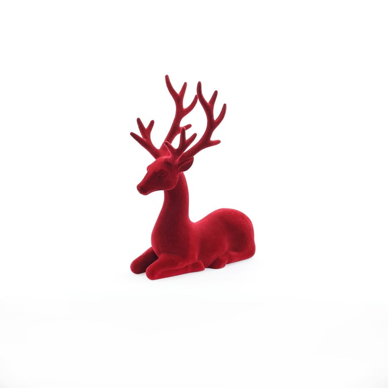 Burgundy Flocked Sitting Reindeer Decor (25cm) - Christmas Home Decoration