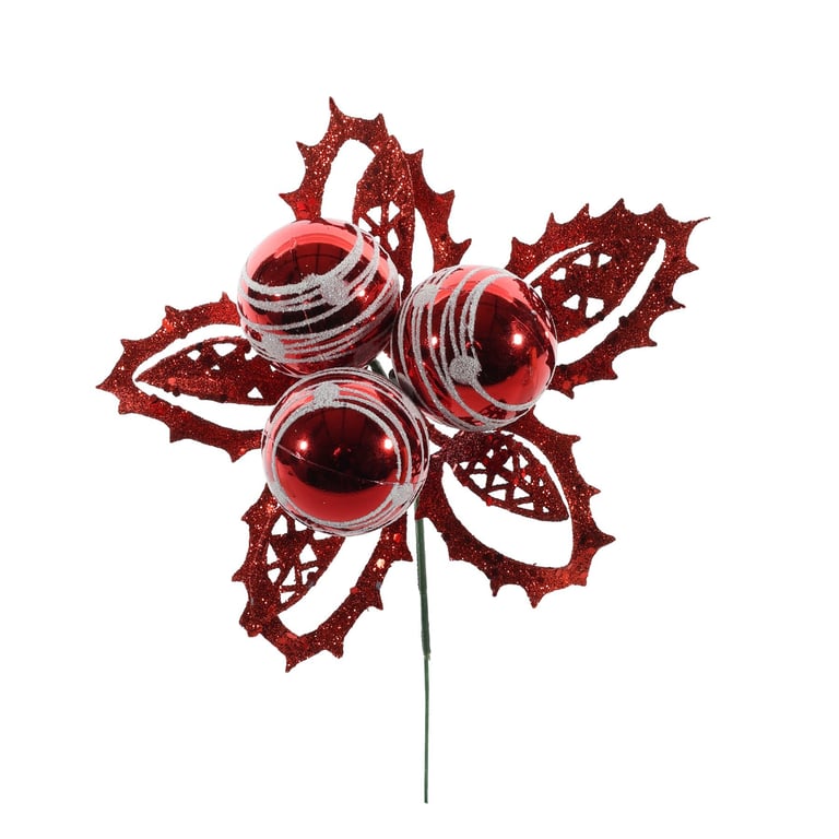 Red and White Bauble Pick with Leaves - Festive Home Decoration Accent Ornament