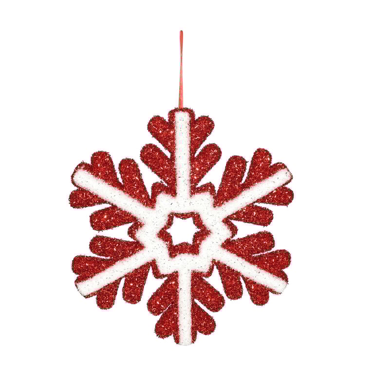 Red and White Glitter Snowflake Hanging Decoration (39cm) - Christmas Home Decor Ornament