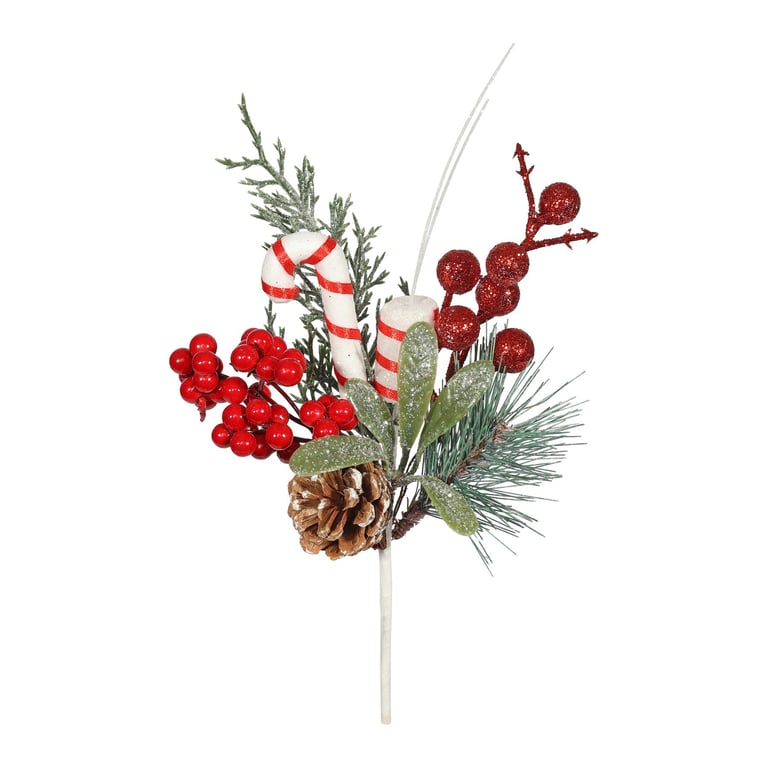 22cm Candy Cane Pick with Berries - Festive Holiday Centerpiece Decoration