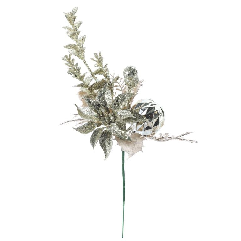 Champagne Poinsettia and Ball Pick (12cm) - Elegant Holiday Decoration