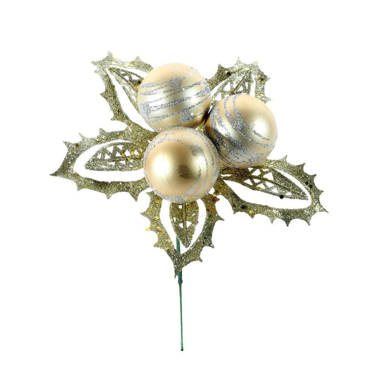 Champagne Bauble Pick with Leaves, 12cm - Elegant Home Decor and Holiday Decoration Accessory