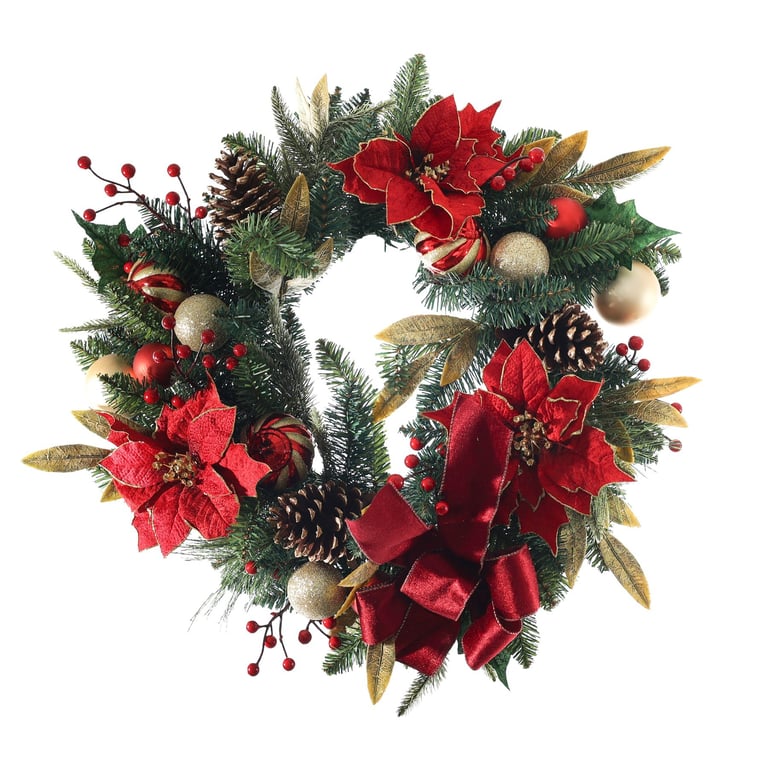 Red Gold Poinsettia Wreath with Baubles - Holiday Home Decor