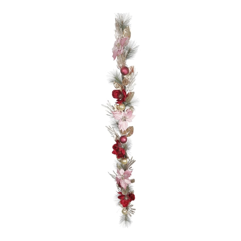Pink Magnolia and Poinsettia 180cm Holiday Garland - Elegant Home Decor Winter Decoration
