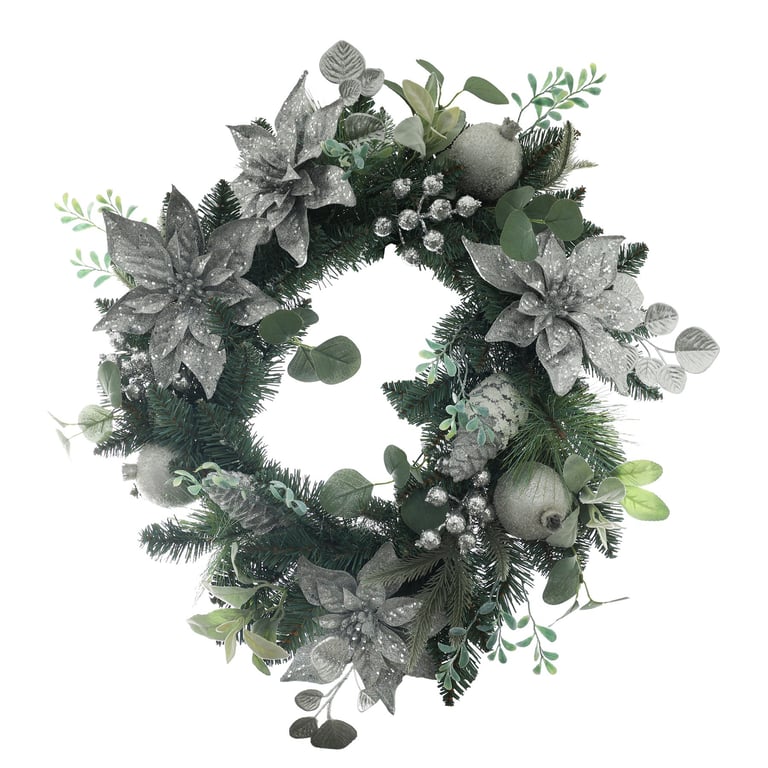 60cm Silver Poinsettia & Bauble Holiday Wreath - Elegant Home Decor