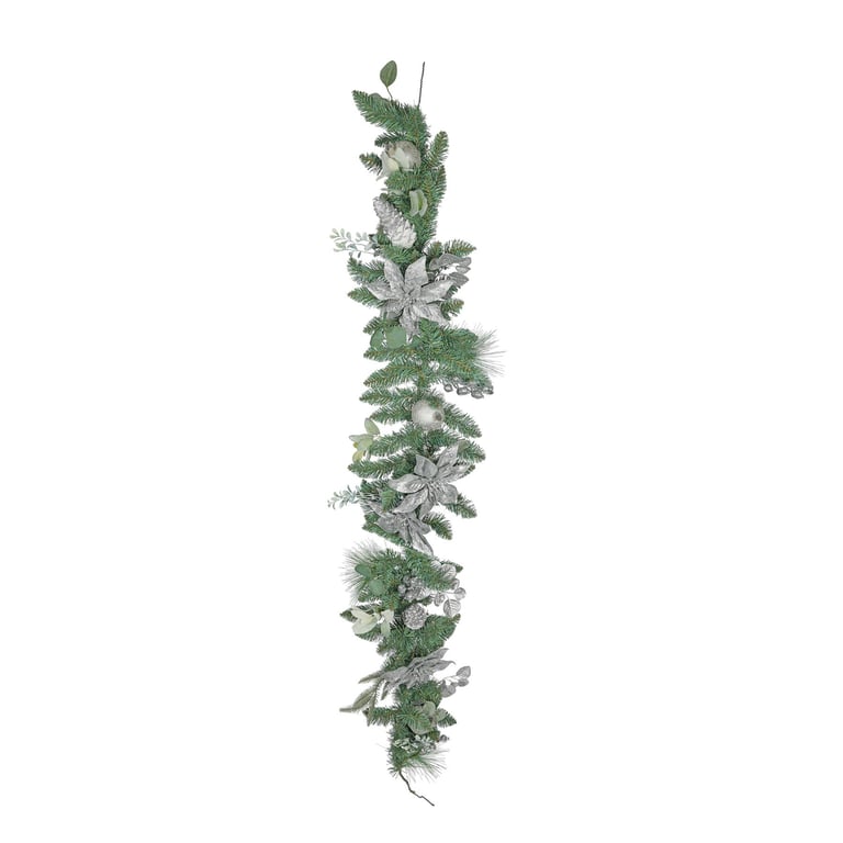 Silver Poinsettia and Bauble Garland - 180cm Christmas Decor Home Decoration