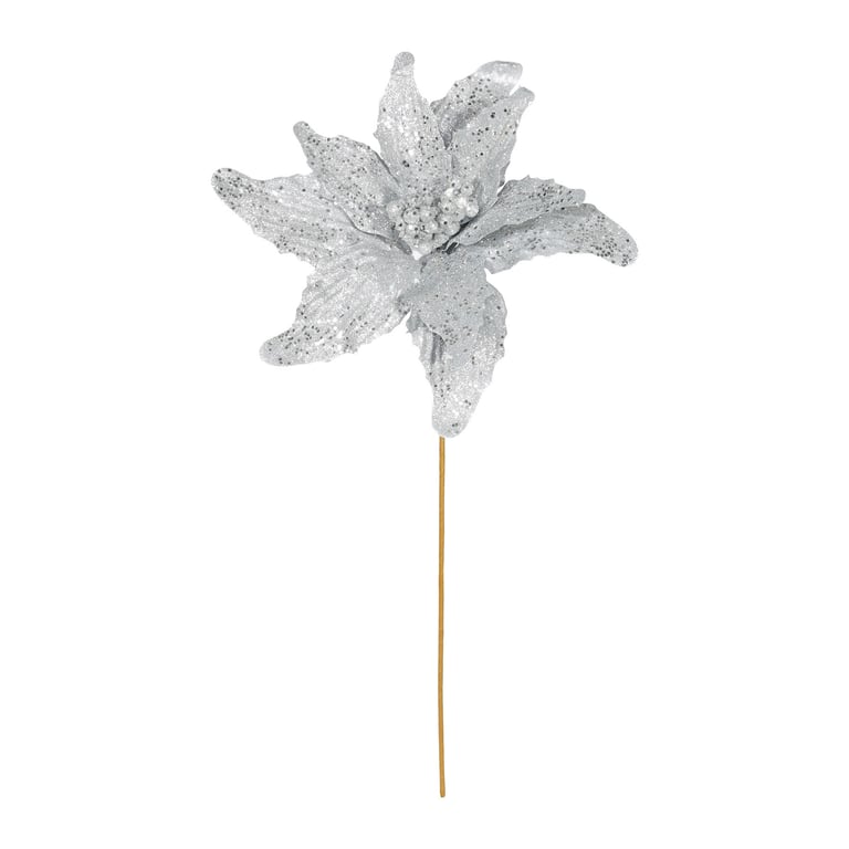 Silver Glitter Poinsettia Stem - 67cm Long Holiday Decoration for Home Decorations and Christmas Celebrations