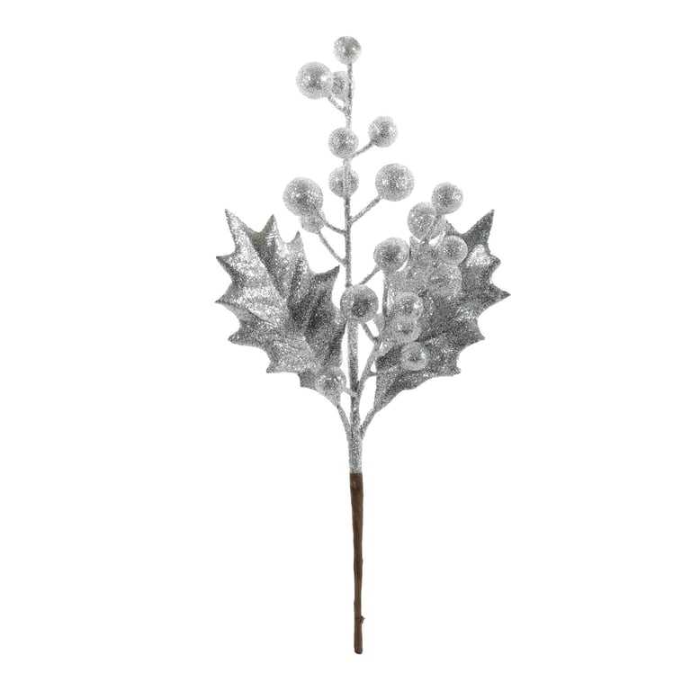 Silver Glitter Holly Pick - 30cm Long Christmas Decoration and Home Decor Accent