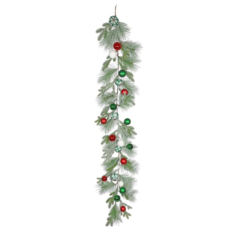 Snowy Mixed Foliage & Bauble Garland (180cm) - Festive Winter Decoration for Home and Garden
