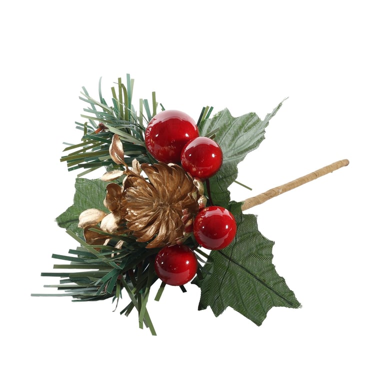 Red Berry & Gold Flower Pick - 14cm Vintage Home Decor Garden Decoration