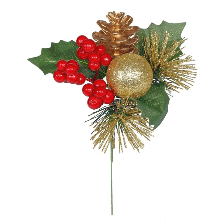 Gold Glitter Ball and Pinecone Pick - 20cm Christmas Decoration Home Accent