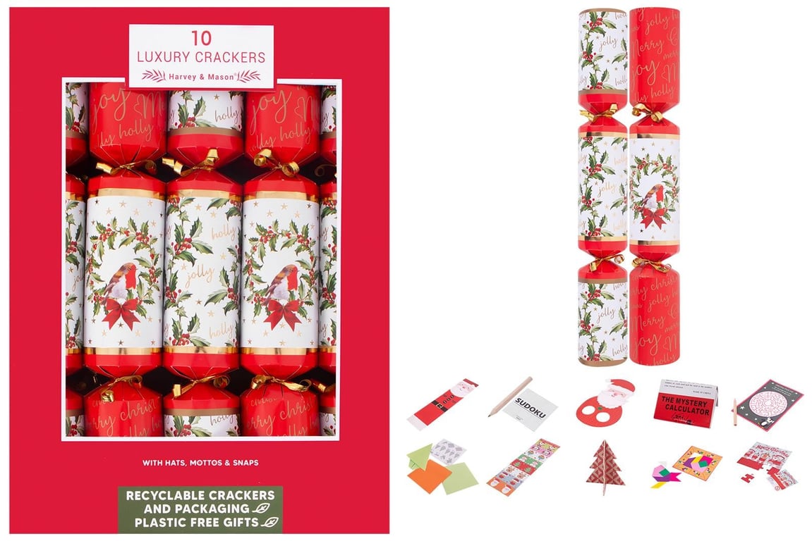 Luxury Holly/Robin 14inch Crackers for Elegant Home Decorating and Holiday Festivities