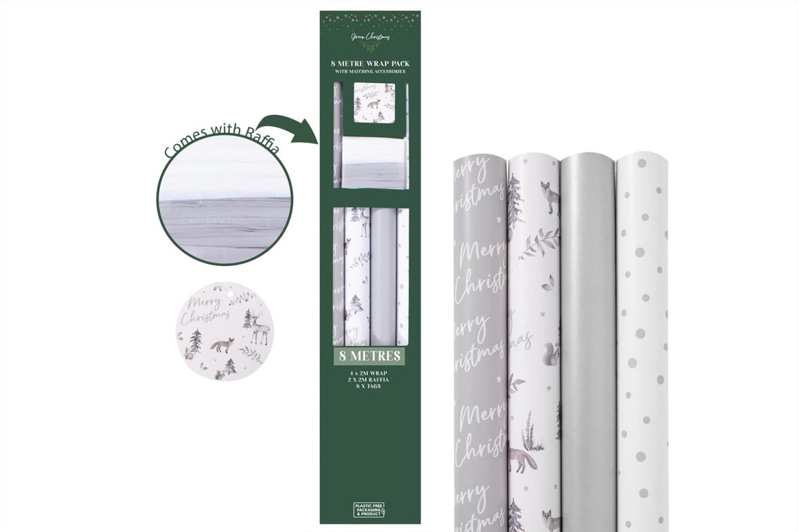 8M Silver Deer Gift Wrap Pack of 4 - Elegant Holiday Wrapping Paper Set with Deer Theme and Metallic Finish