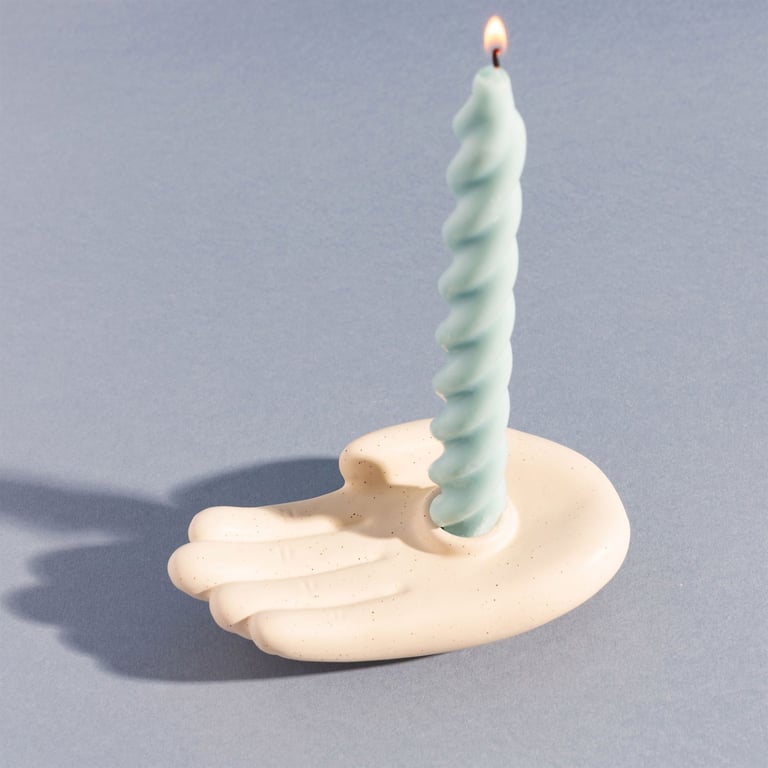 Stoneware Hand Candle Holder - Soft Grey Round Design