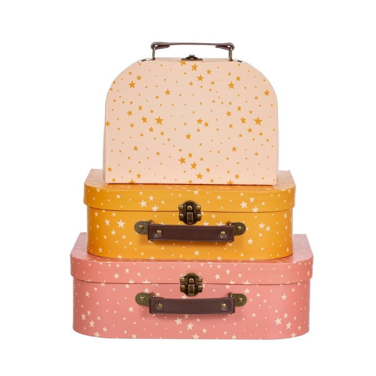 Little Stars Suitcases - Scandi Kids Trend 3-Piece Storage Set with Cardboard Paper Construction and PU Leather Handle