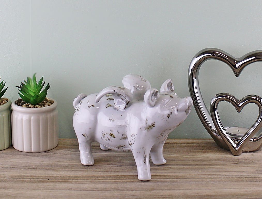 Small Ceramic Flying Pig - Hand Finished Aged Finish Home Decor Gift
