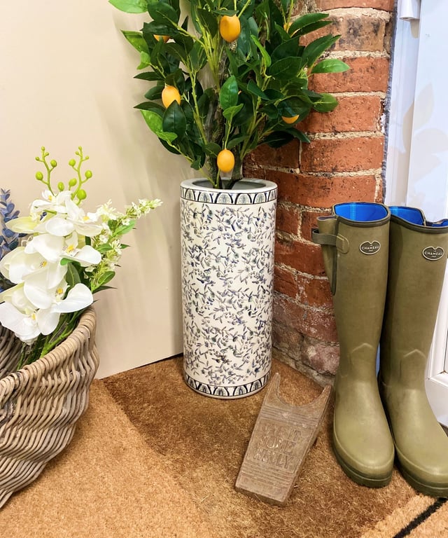 Blue Ditsy Print Ceramic Umbrella Stand - Antique Effect Crackle Finish